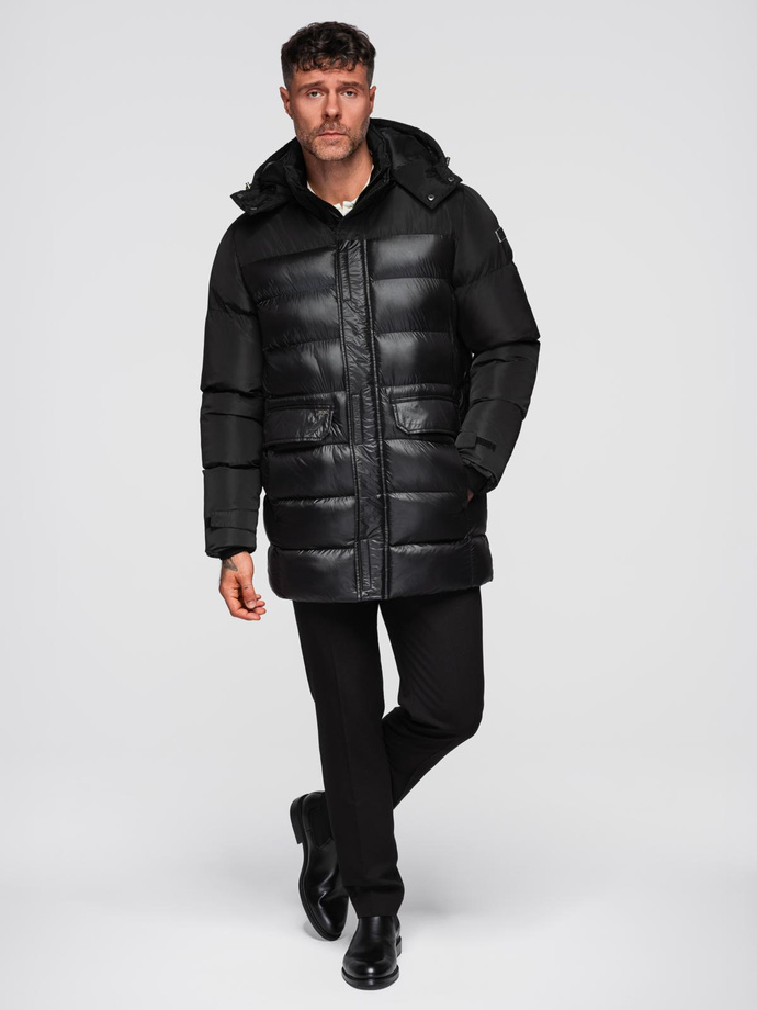Men's quilted jacket with high collar and hood - black V1 OM-JALJ-0266