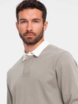 Men's sweatshirt with white polo collar - dark beige V2 OM-SSNZ-0132