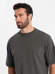 Tricou LOOSE FIT din bumbac pentru bărbați cu decolteu rotund - gri-verde V3 OM-TSBC-0234
