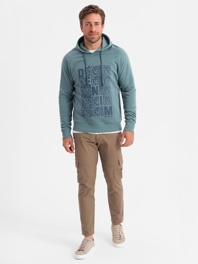 Men's non-stretch kangaroo sweatshirt with hood and print - turquoise V2 OM-SSPS-0158