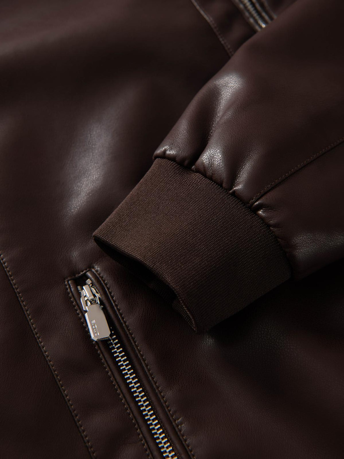 Men's imitation leather jacket with ribbed hem - dark brown V1 OM-JAFL-0109
