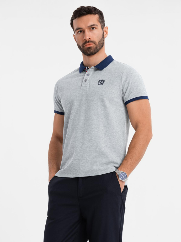 Tricou polo pentru bărbați cu accente colorate - gri melange V1 OM-POSS-0105