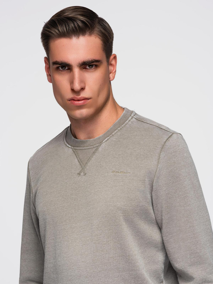Washed men's sweatshirt with decorative stitching at the neckline - beige V2 OM-SSDS-0131