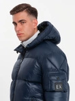 Warm men's puffer jacket with welts - navy blue V2 OM-JAHP-0207