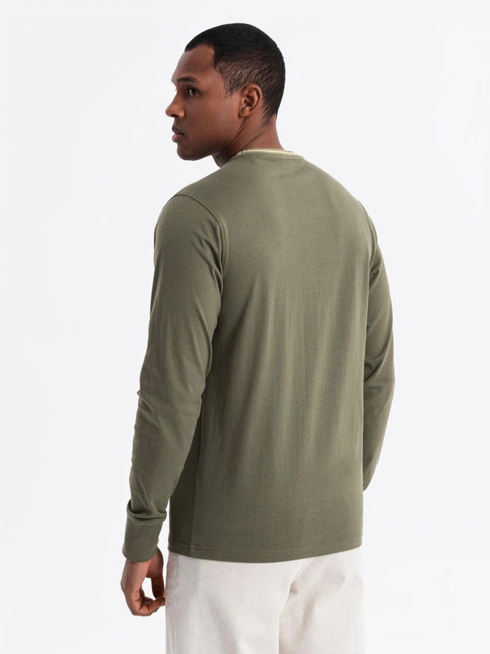 Men's cotton longsleeve with U neckline with stripes and embroidery - olive V1 OM-LSCL-0128