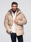Men's puffer jacket with check lining - beige V2 OM-JAHP-0205