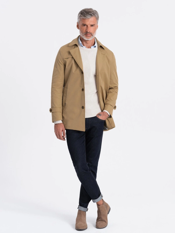 Men's short trench with classic cut - light brown V2 OM-COSC-0101