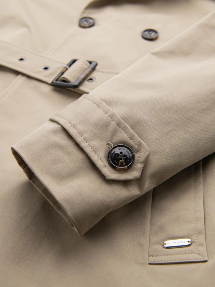Elegantný pánsky plášť SLIM FIT s opaskom - béžový V1 OM-COSC-0126