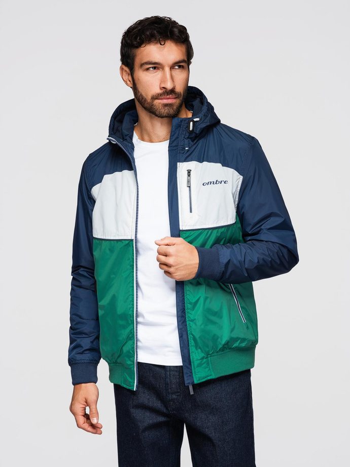 Lightweight colorful men's sports jacket with fleece - green and navy blue V20 OM-JANP-0194