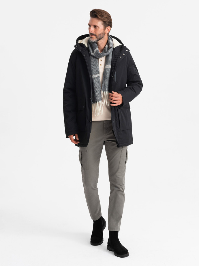 Męska długa kurtka parka sherpa – juoda V4 OM-JALJ-0181