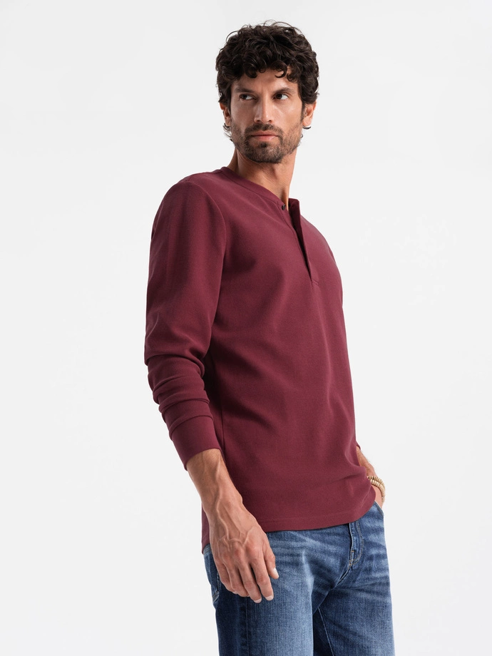 Button up neck men's waffle knit longsleeve - maroon V2 OM-LSCL-0120