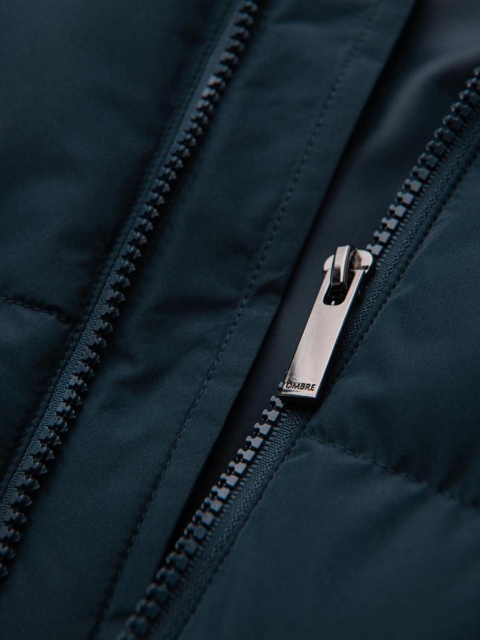 Classic men's long hooded jacket - navy blue V2 OM-JALJ-0269