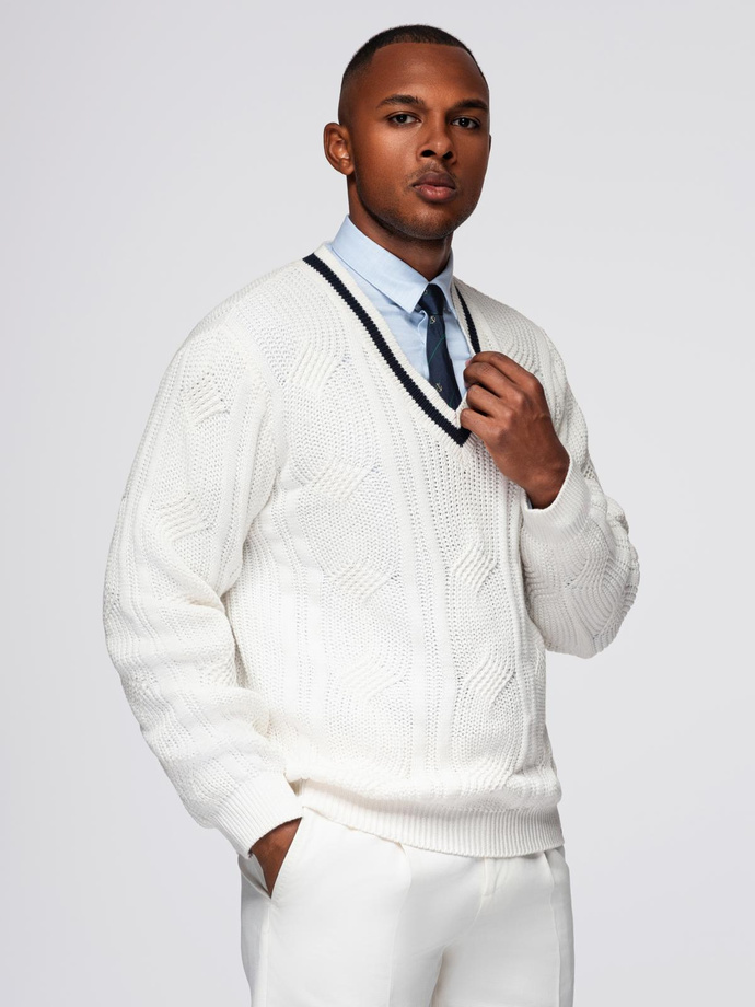 Men's plaid sweater with crew neckline - white V1 OM-SWSW-0151