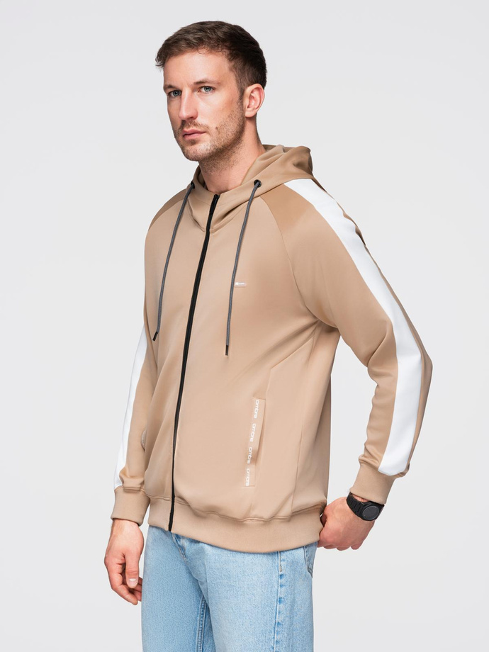 Unzipped men's hooded sweatshirt with piping - beige V4 OM-SSZP-0210