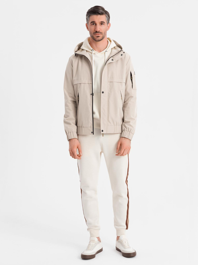 Functional men's transitional jacket with hood - beige V3 OM-JANP-0225