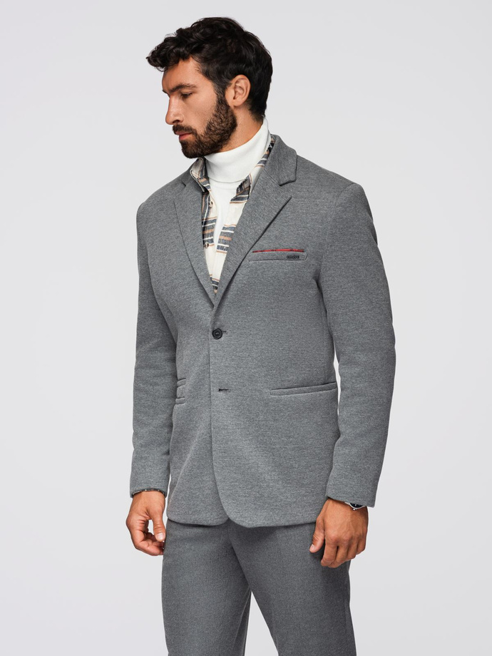 Men's knitted jacket with a fitted cut - light grey V2 OM-BLZB-0100