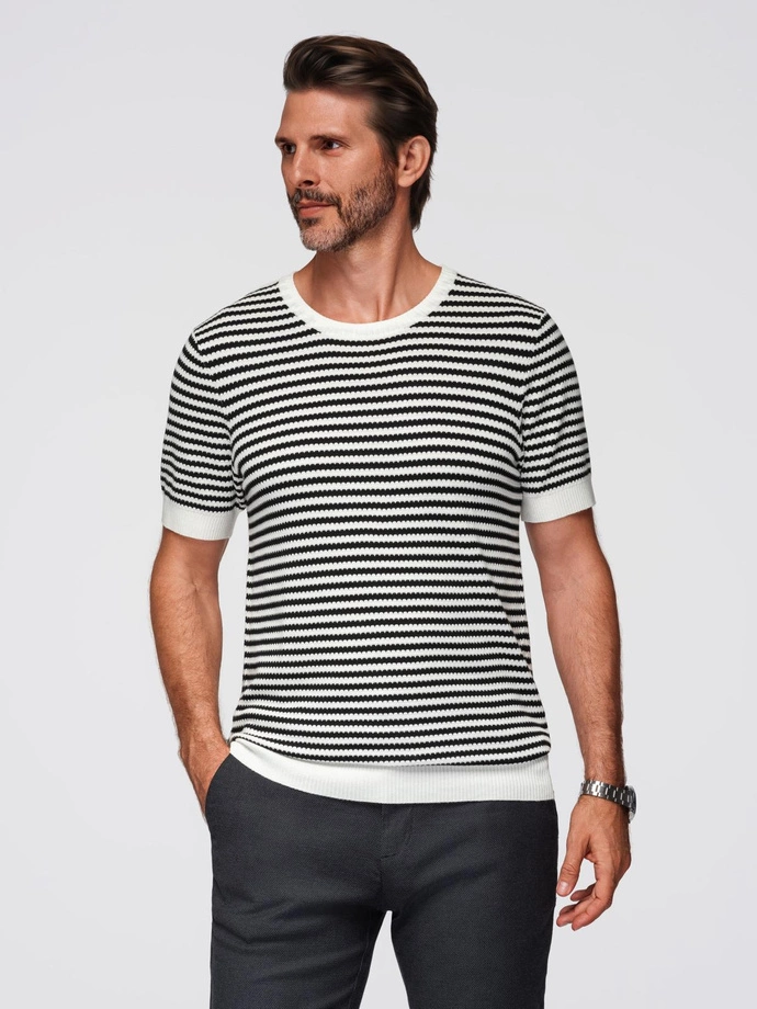 Tricou bărbătesc tricotat cu dungi marinărești și împletitură openwork - alb și negru V1 OM-TSCT-0255