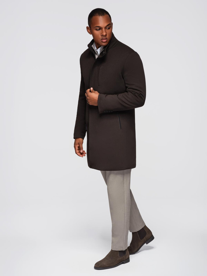 Structured fitted coat for men with high collar - dark brown V5 OM-COWC-0136