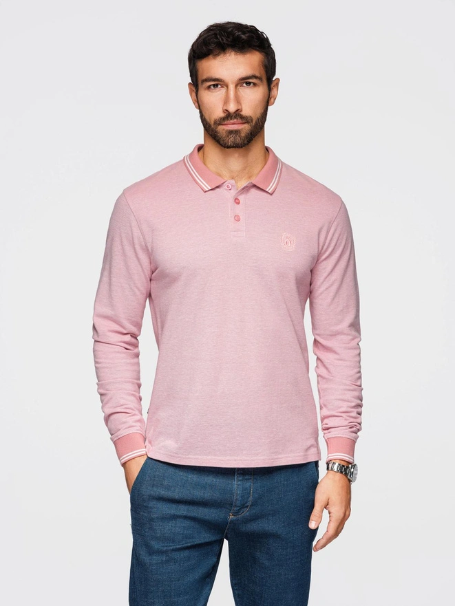 Men's melange polo longsleeve with embroidery - pink melange V2 OM-POLS-0129