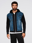 Men's denim jacket with knitted sleeves and hood - blue and black V2 OM-JADJ-0220