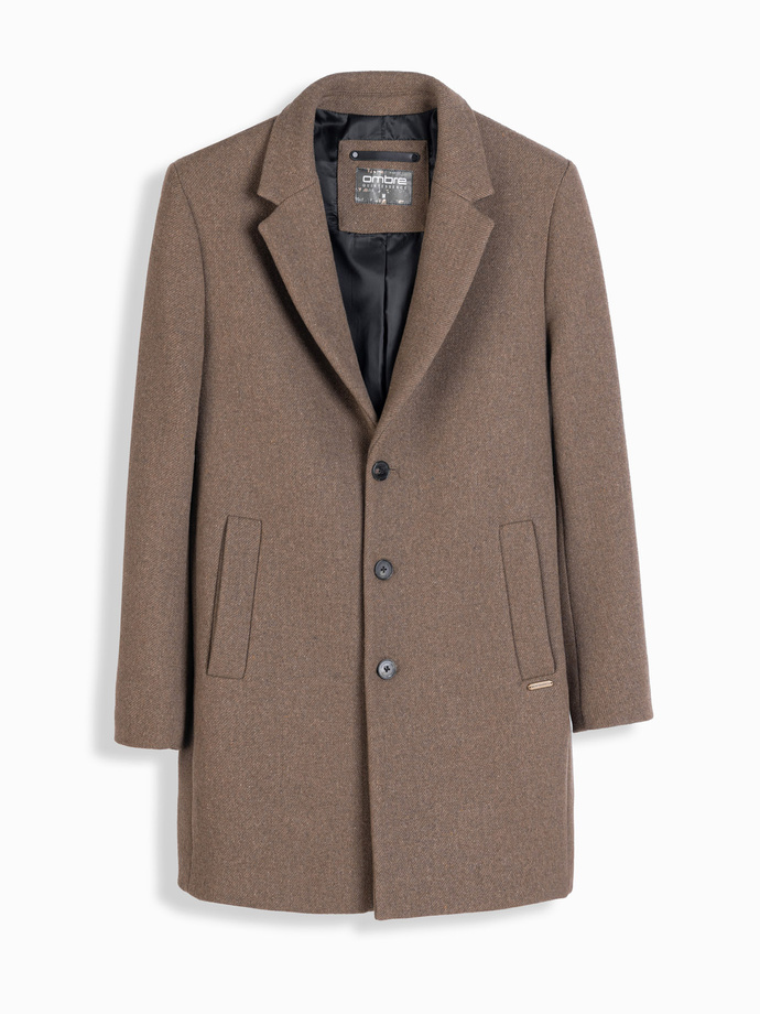 Elegant single-breasted men's wool coat - brown V1 OM-COWC-0114