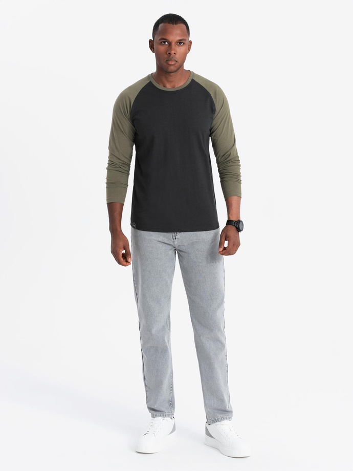 Manșon lung pentru bărbați cu mâneci raglan contrastante - negru/olive V3 OM-LSCL-0105