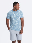 Men's full-print t-shirt with contrasting leaves - blue V2 OM-TSFP-0180