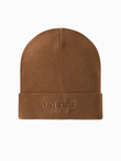 Men's knitted beanie with embroidered inscription - brown V4 OM-ACWH-0120