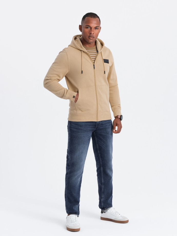 Men's unbuttoned sweatshirt with hood and patch - sand V2 OM-SSZP-0140