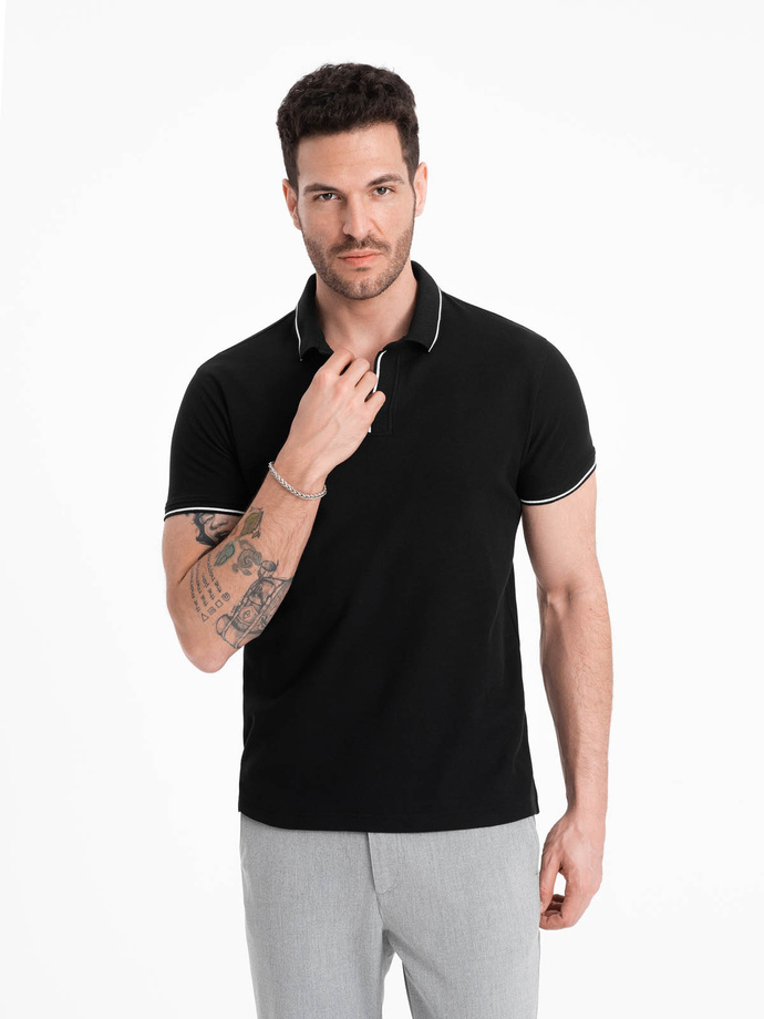Tricou polo bărbătesc fără nasturi din tricot piqué - negru V2 OM-POSS-0110