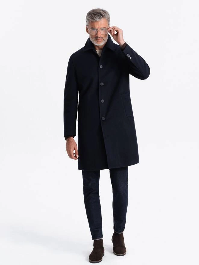 Men's long single-breasted coat with collar and undercoat - navy blue V3 OM-COWC-0106