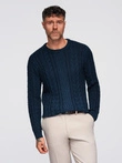 Men's elegant sweater with interesting weave - navy blue V5 OM-SWSW-0173