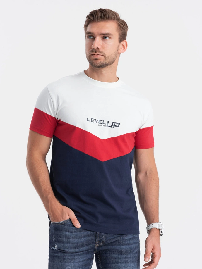 Tricou tricolor din bumbac pentru bărbați cu logo - albastru marin și roșu V5 S1747