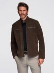 Men's retro biker jacket with stand-up collar - brown V1 OM-JAFL-0197