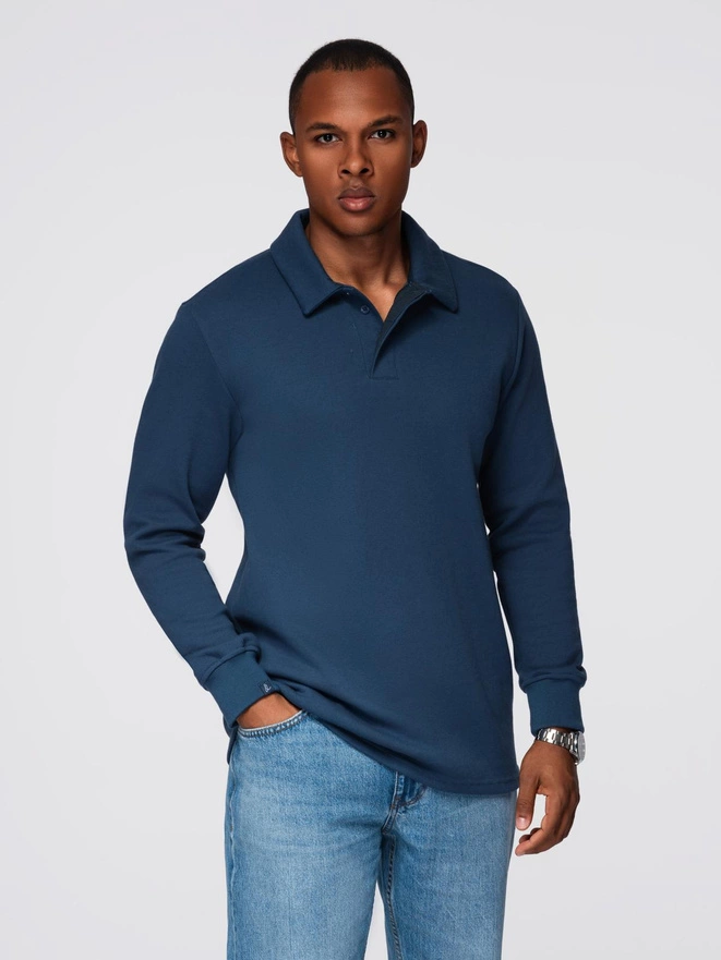 Men's structured knit polo collar sweatshirt - dark blue V5 OM-SSNZ-0149