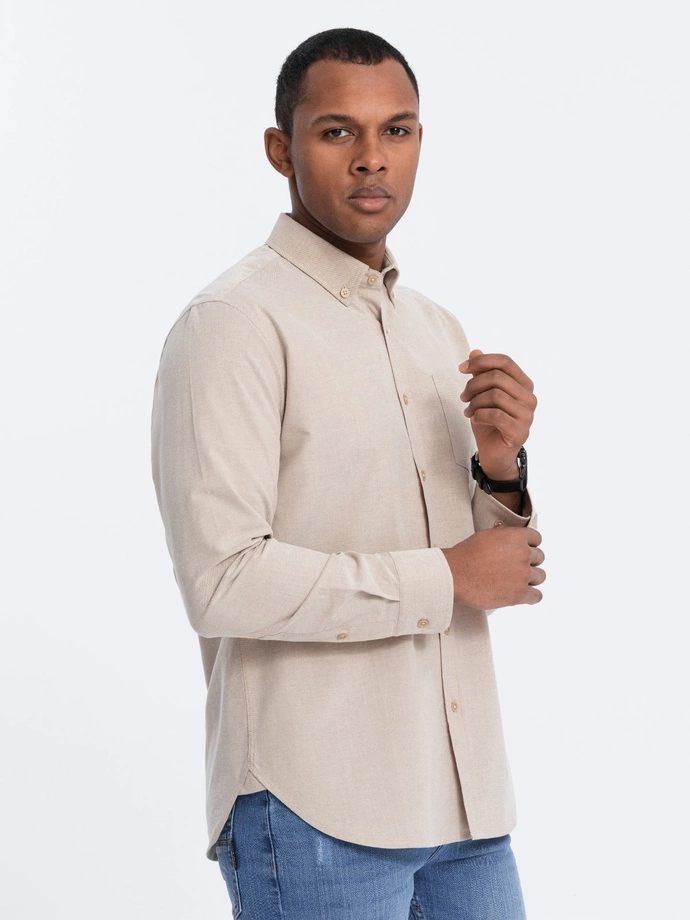 Men's REGULAR FIT cotton shirt with pocket - beige V1 OM-SHOS-0153