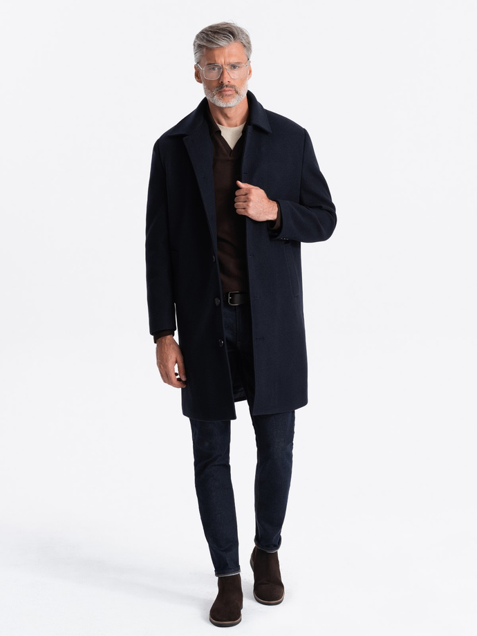 Men's long single-breasted coat with collar and undercoat - navy blue V3 OM-COWC-0106
