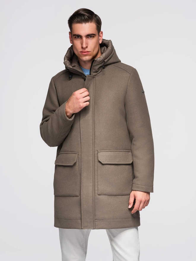 Men's insulated coat with hood and concealed zipper - black V1 OM-COWC-0110