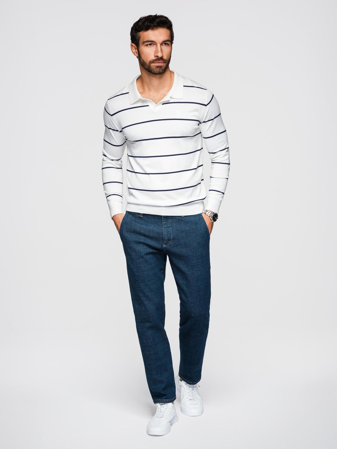 Men's horizontal striped polo longsleeve with viscose - white and navy blue V2 OM-POLS-0146