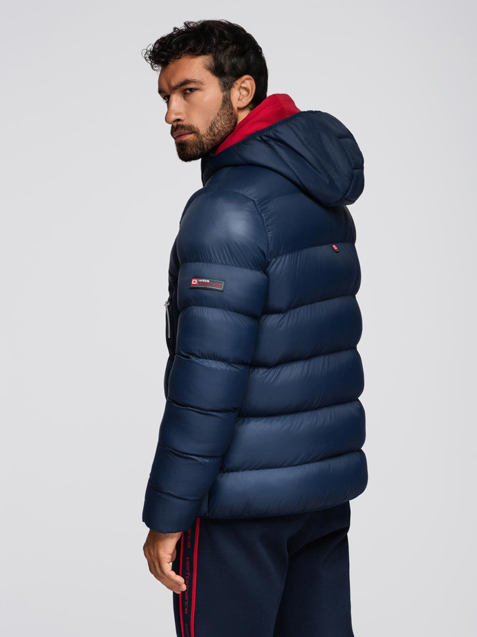 Modern men's quilted jacket of combined materials - navy blue V2 OM-JAHP-0303