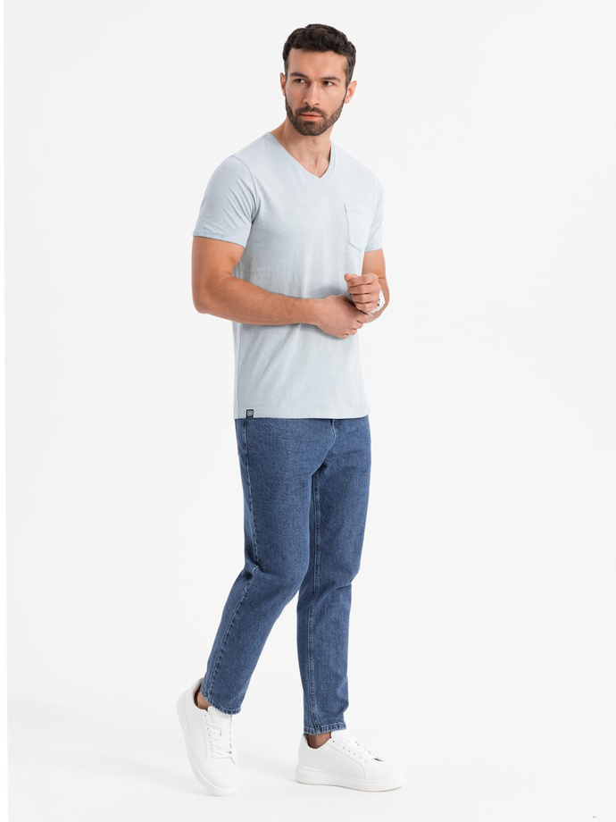 Men's cotton V-neck knit t-shirt with wash effect - grey V8 OM-TSWT-0242