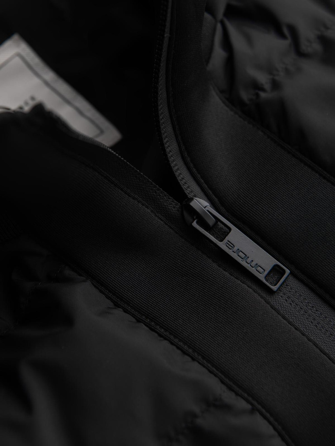 Prešívaná bunda bomber s kapucňou a pletenými rukávmi - čierna V1 OM-JALP-0298