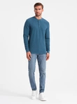 Pánský vaflový úplet s dlouhým rukávem a zapínáním u krku - modrý denim V4 OM-LSCL-0120