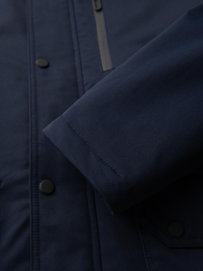 Men's long parka jacket with sheepskin - navy blue V2 OM-JAPJ-0316