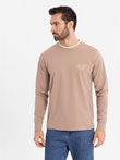 Men's cotton longsleeve with striped U neckline and embroidery - brown V6 OM-LSCL-0128
