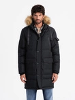 Men's long warm parka jacket with hood - black V2 OM-JALJ-0182