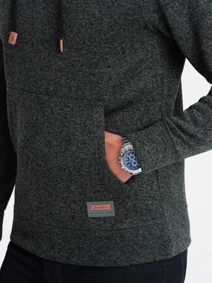 Men's non-stretch kangaroo hooded sweatshirt - olive melange V3 OM-SSNZ-0147