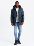 Men's long puffer jacket with snap pockets - navy blue V3 OM-JALJ-0186