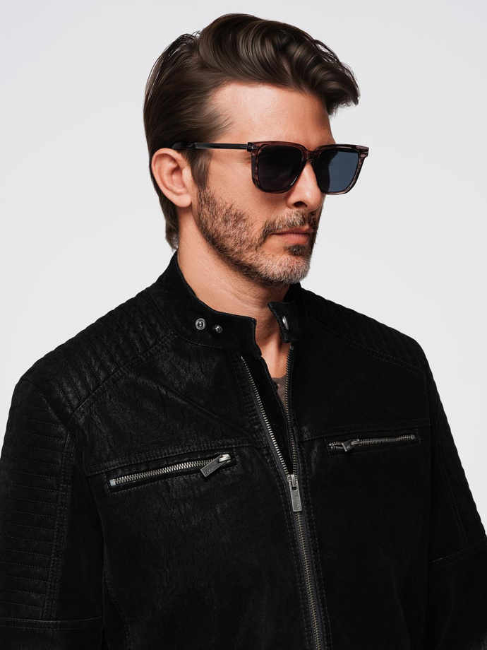 Men's retro-style biker jacket with stand-up collar - black V2 OM-JAFL-0197