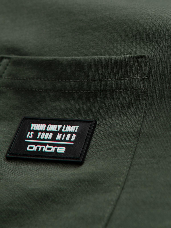 Casual men's t-shirt with patch on pocket - dark olive V4 OM-TSCT-0109